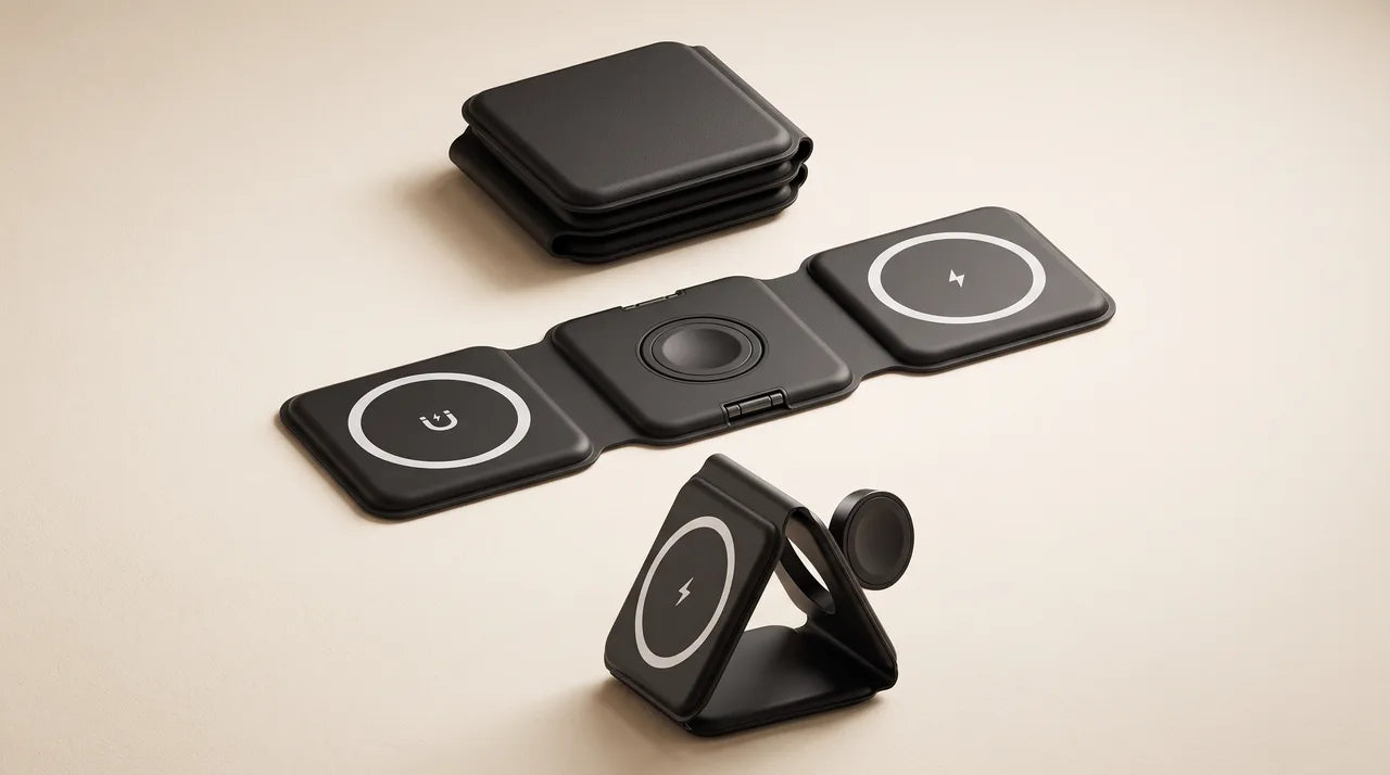 Black FoldCharge shown open, standing and packed