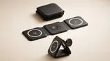 Black FoldCharge shown open, standing and packed