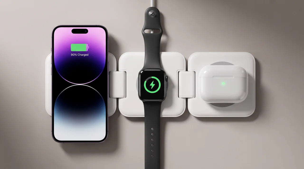 White FoldCharge open with a phone, watch and earbuds case