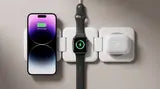 White FoldCharge open with a phone, watch and earbuds case